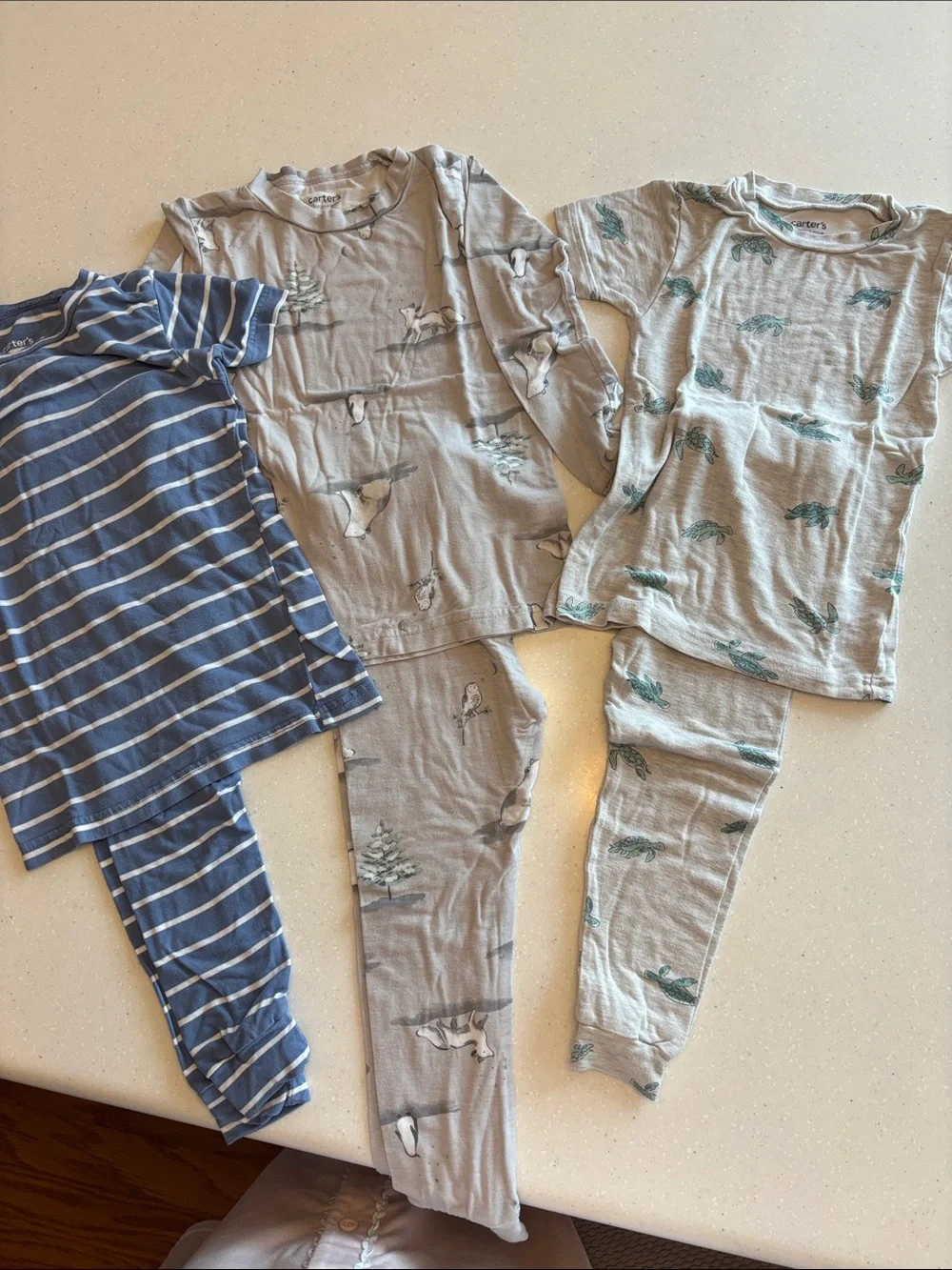 Carters Three Kids Pajama Sets - Blue Stripe & Light Gray Animal Prints